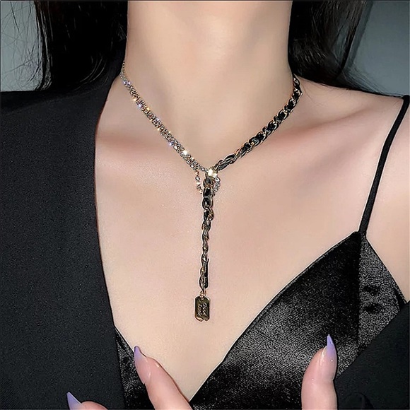 Y Lariat Chain link Baguette Gold Twisted Leather Good Luck Charm Necklace - Picture 2 of 4